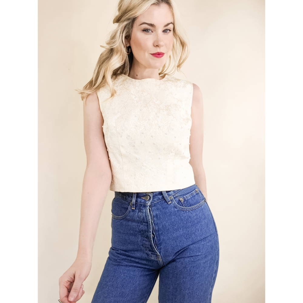 Handmade Vintage Ivory Posie & Pearl Crop Blouse - Picture 12 of 16
